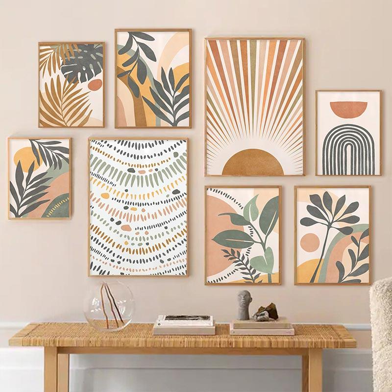 Boho Abstract Leaf Canvas Painting Monstera Rainbow Sun Posters Nordic Living Room Wall Art Pictures Prints For Home Decor