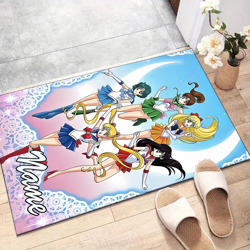 Custom Sailor Moon Mat Personalized Name, Polyester Washable Indoor Entryway Rug, Gift for Christmas, Easter, Thanksgiving Day