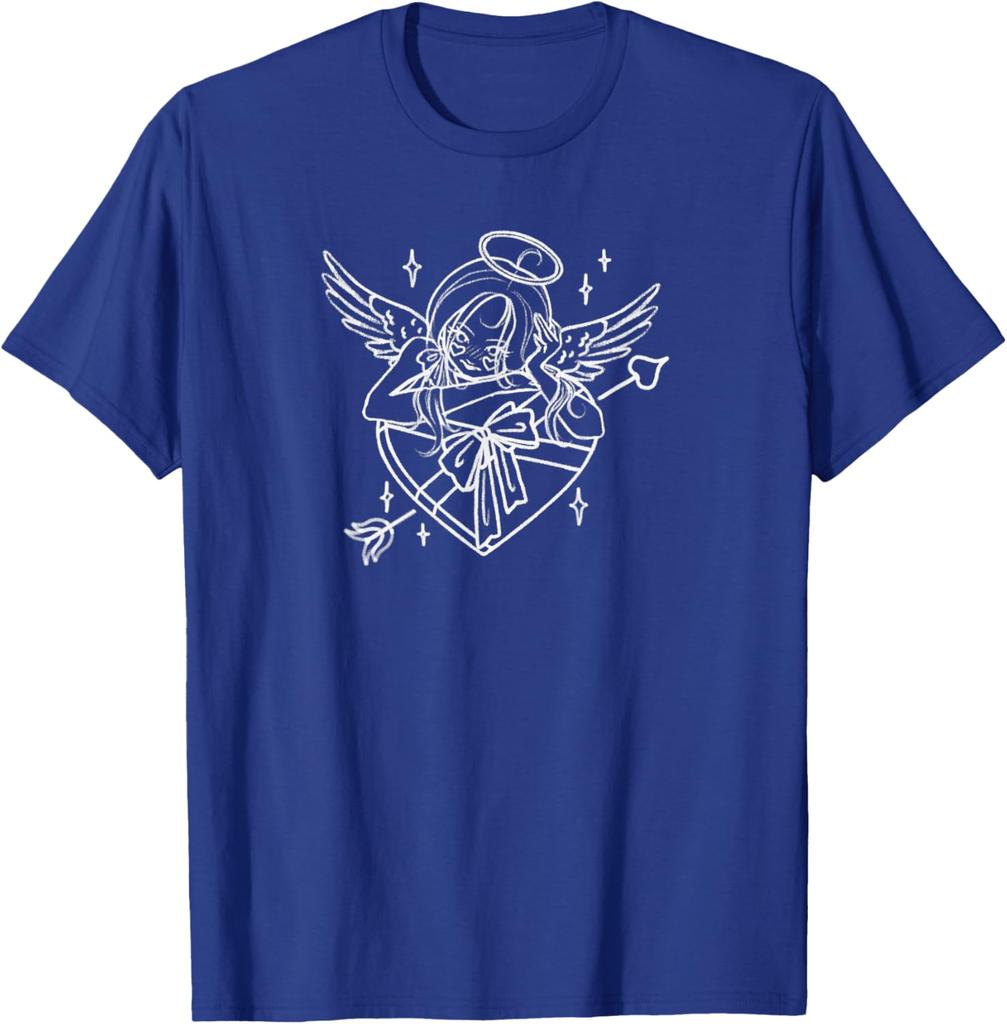Cupid Winged Cherub Romantic Messenger with Heart Graphic T-Shirt Soft Cotton Short Sleeve Casual Tee