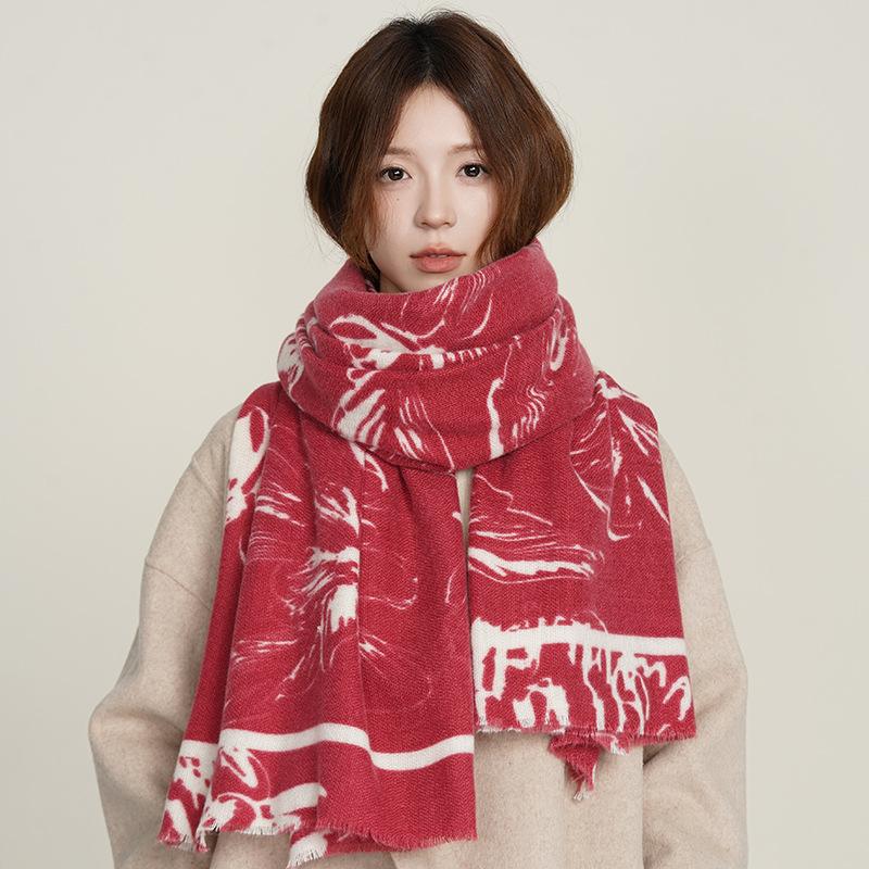 Autumn And Winter Flower Printed Cashmere Scarf Female Japanese And Korean Literary And Fresh Student Commuting Thickened Warm Shawl