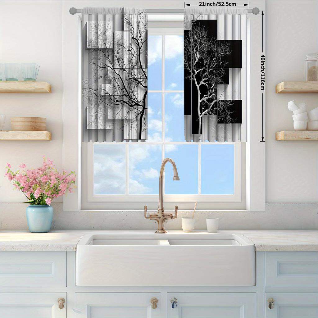 Set Of 2 Black White Tree Printed Curtain Home Decor Window Treatment Bedroom Office Kitchen Living Room With Rod Pocket Polyester Perfect For Sitting