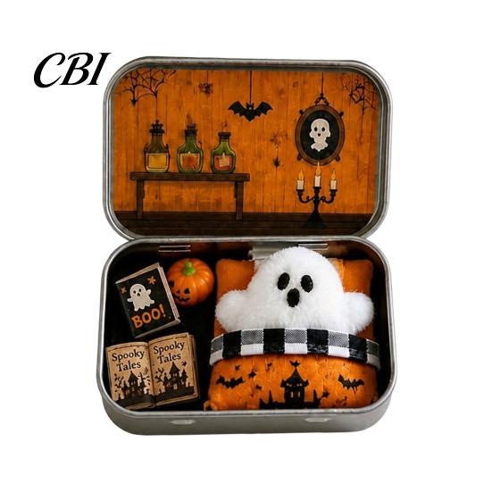 Halloween Cabin Illustration Mini Tin Box Gift, Plush Ghost with Haunted House Spooky Unboxing Experience Scene, Collectible Micro Theater Gift
