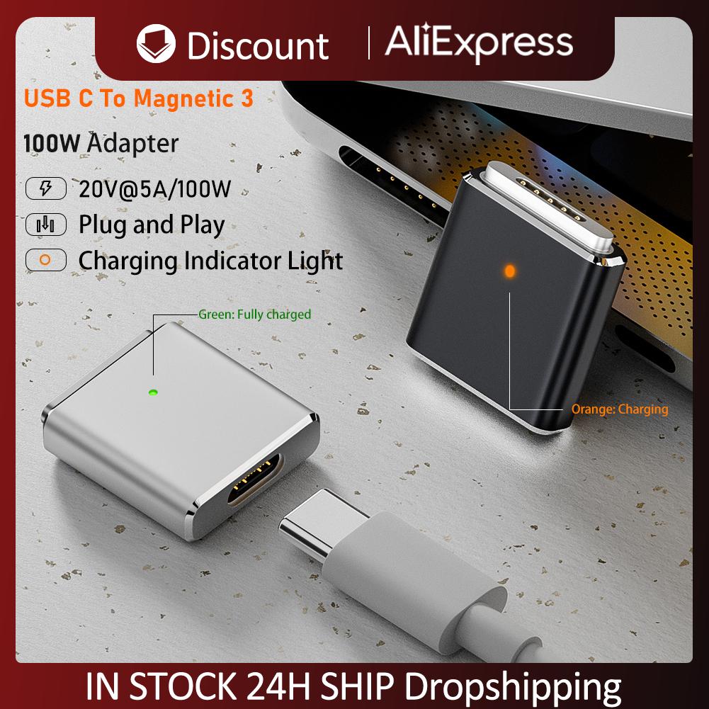 100W Replaceable Magnetic 3 Adapter with LED Indicator PD3.1 Type-C Female To Magnetic 3 Adapter 5A 20V for MacBook Air/Pro