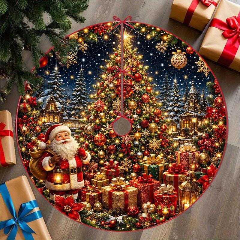 2D Flat, 1pc 2D Winter Wreath Reindeer Tree Skirt, Pine Branch Wreath with Red Bow Pattern, Forest Reindeer, Golden Lantern, Cedar Pinecone, Christmas