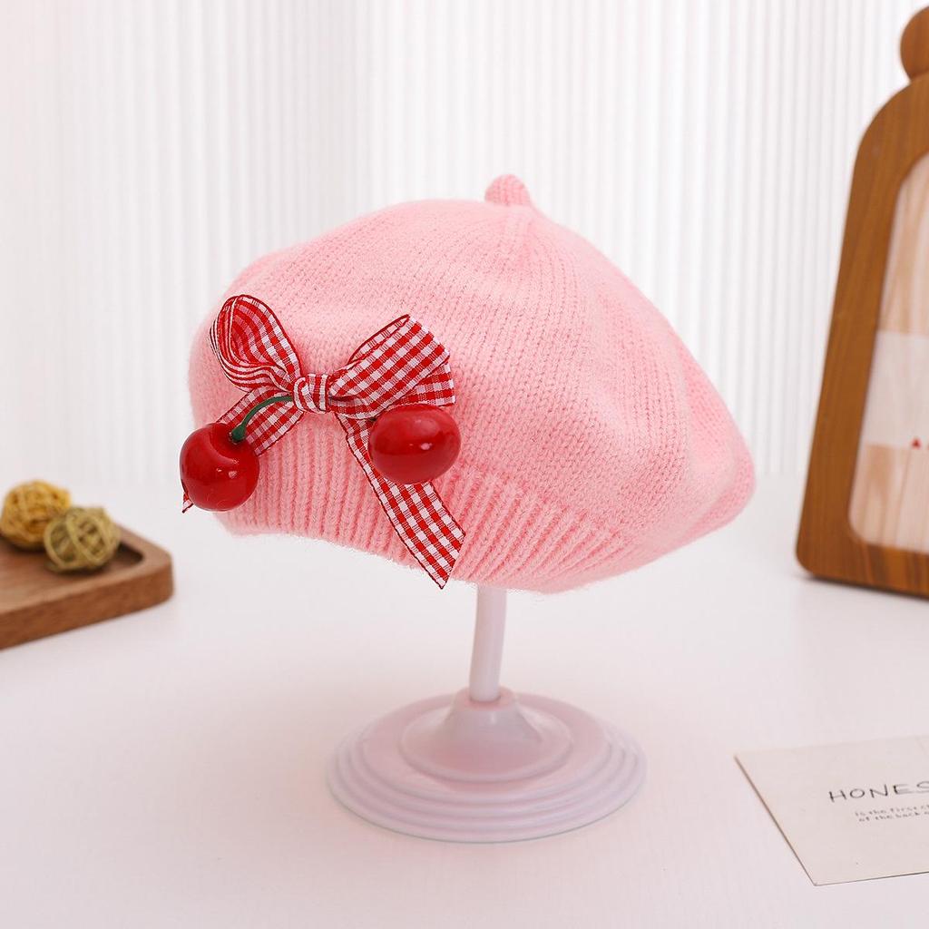 Charming Woolen Beret with Bow & Cherry for Kids - Autumn & Winter Solid Color Hat