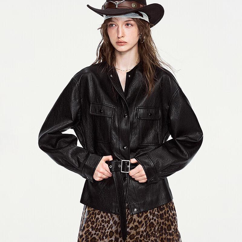 ChuYu Women's Shirt-Style Belted Faux Leather Utility Jacket