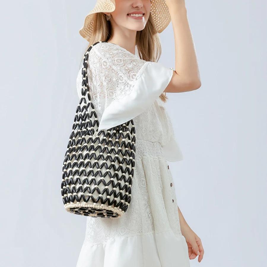 Damen Gewebte Handtasche Sommer Design Ausgeschnitten Holzperlen Tote Beutel Umhängetasche weiblich Gitterförmiges Netzgewebe Canvas Strandhandtasche