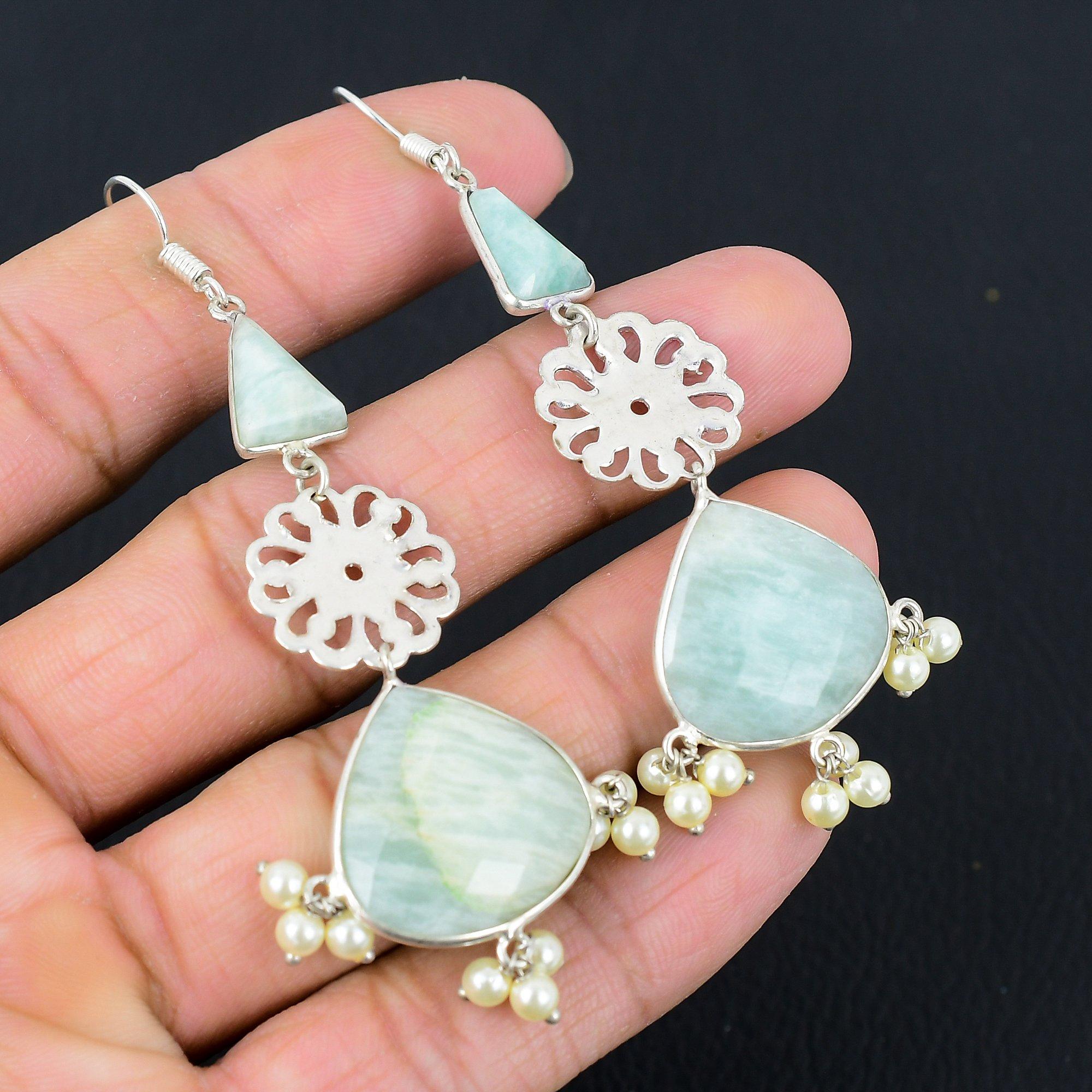 

925 Sterling Silver Pear Amazonite Gemstone Sister New Drop Dangle Hook Earrings