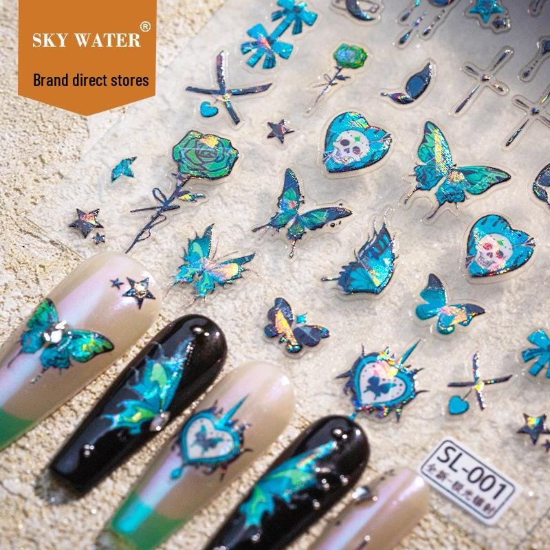 Aurora Butterfly Nail Stickers: Dark Skull Style in Green and Blue