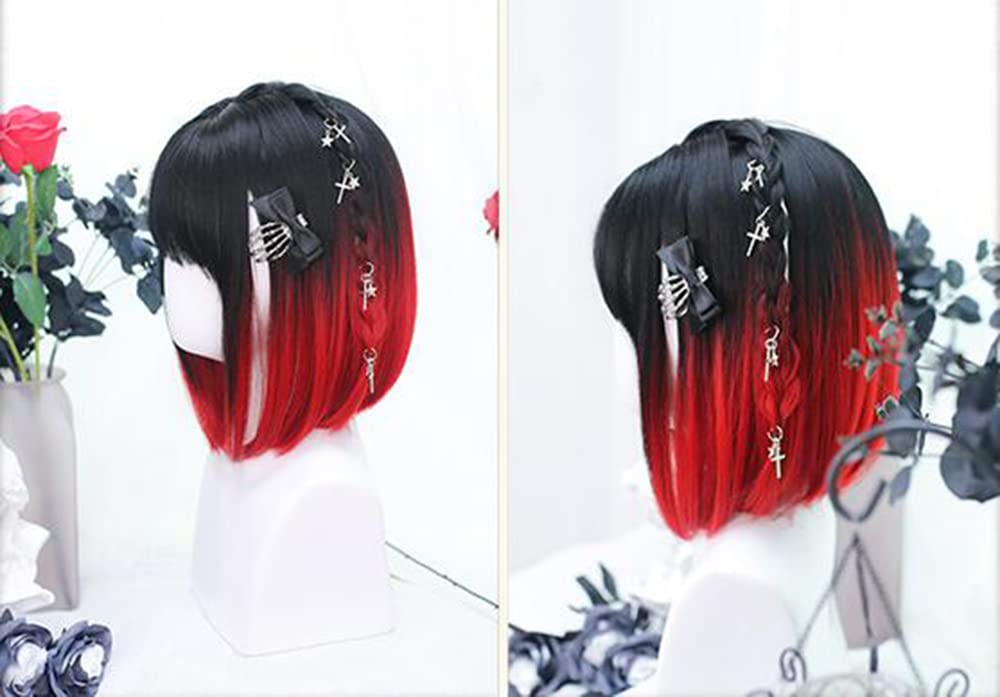 Straight Full Wig, Bob, Mori Girl, Dreamy, Cute, Heat-resistant, Semi-long, Cosplay, Lolita Style, Everyday Wear, Black and Red Gradient Wig