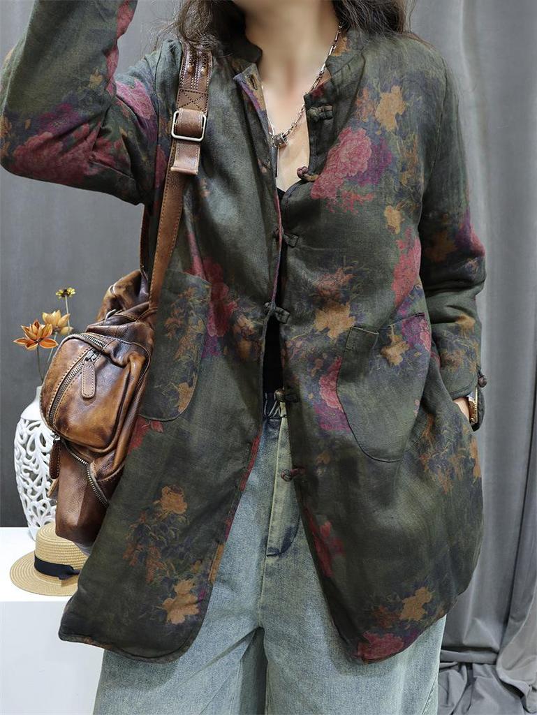 2026 Autumn Retro Print Women's Cotton-Linen Mid-Length Casual Frog Button Jacket