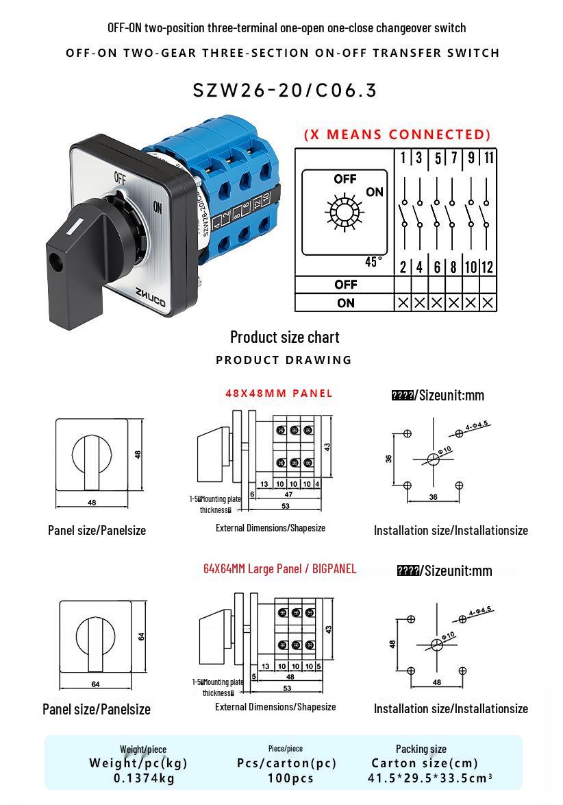 

Zhuochao SZW26 Universal 2-Position Rotary Switch 48x48 Panel