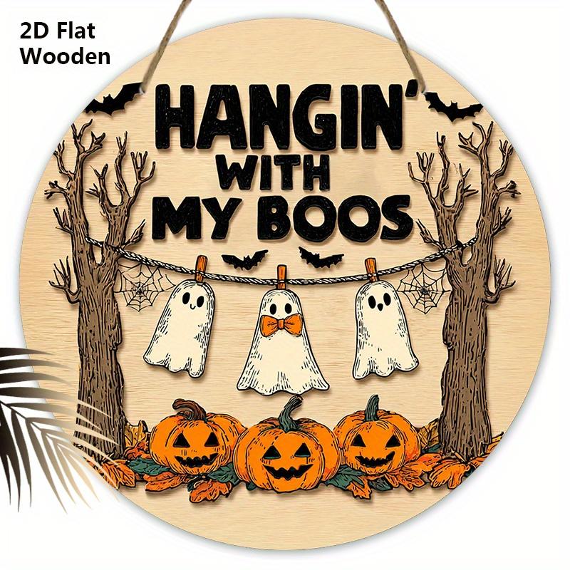 

Rustic Halloween Wooden Sign with Ghosts & Pumpkins Pattern - Figurine Ornaments - Ideal for Front Door, Wall Decor - Ideal Halloween Gift for Friend 20cm/7.87in бежевый