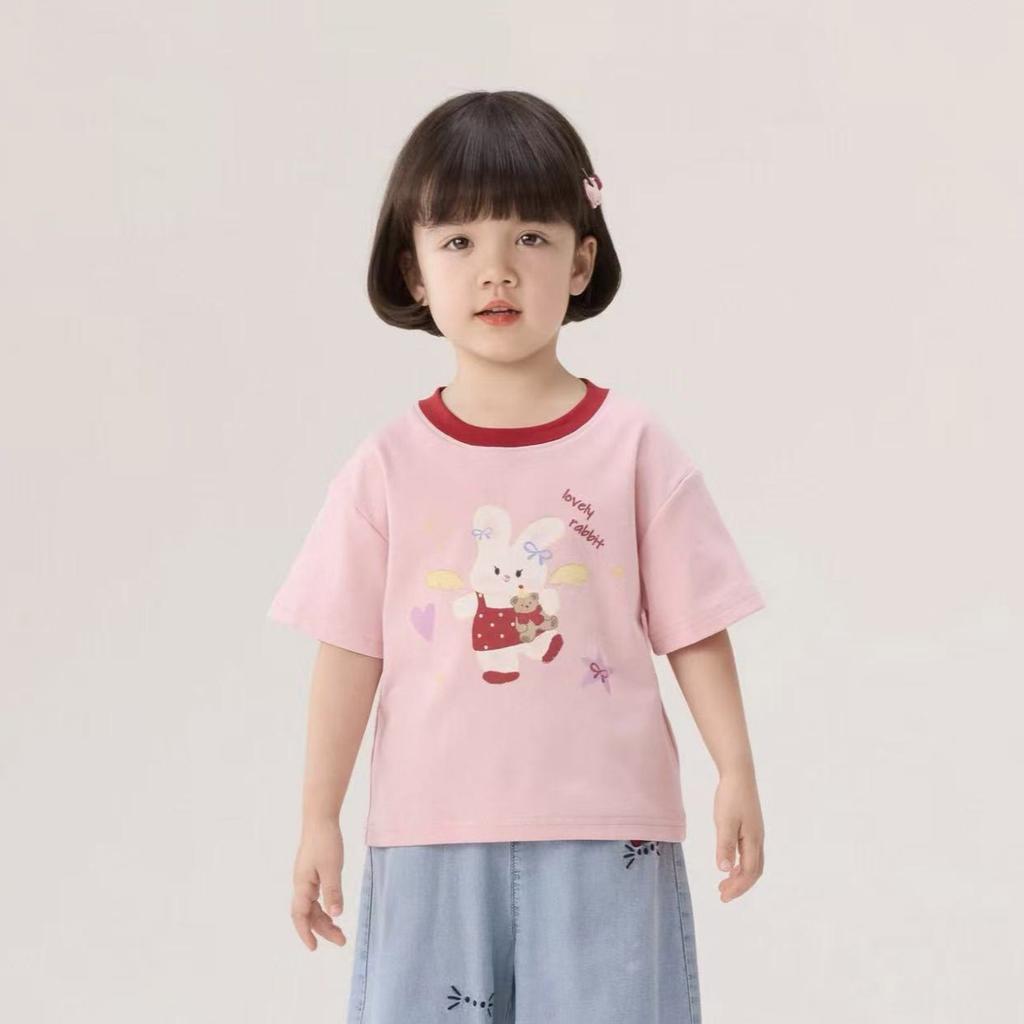 Girls Sweet Cartoon Print Short Sleeve T Shirt Summer Block Round Neck Cute Baby Top