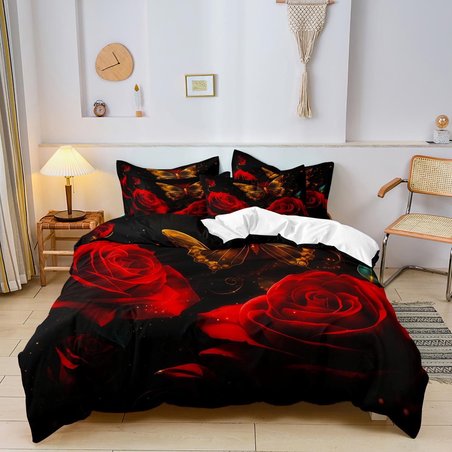 

3pcs- Valentine s Day Romantic Rose Pattern Love Theme Letter Pattern - Duvet Cover Set Suitable for Bedroom, Guest Room - AU Single-140x210cm&set
