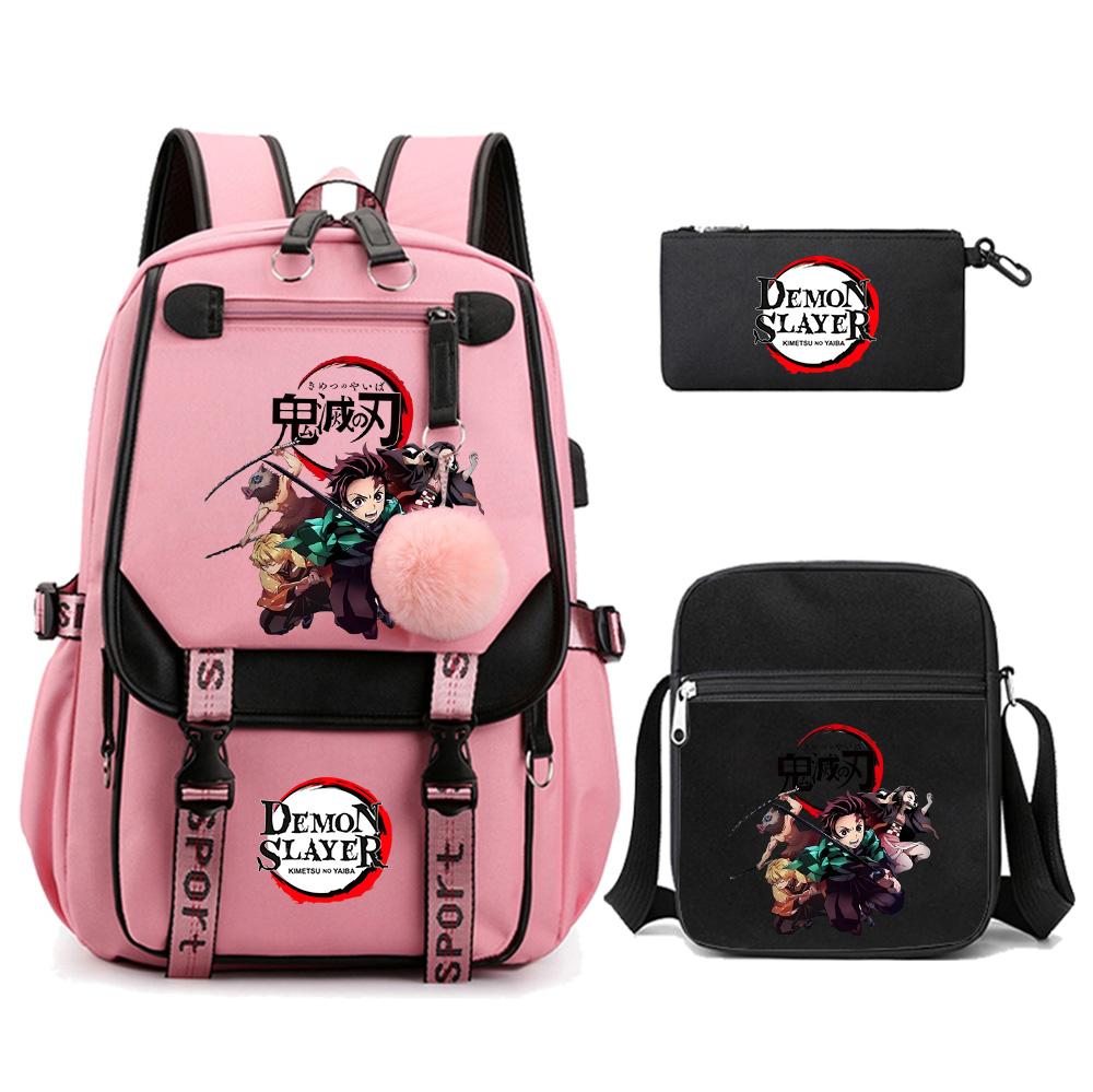 3Pcs/set Cartoon Demon Slayer Printed Backpack with Shoulder Bag for Teenager Student Girl Boy Bookbag Large Capacity Travel Bag