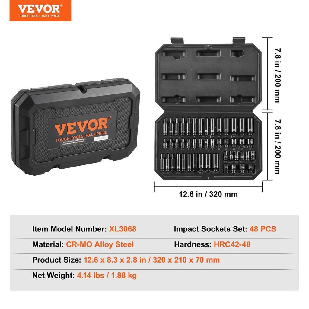 Impact Sockets Set 48pcs 6-Point 1/4" Drive Bit Ratchet Tool Kit Case