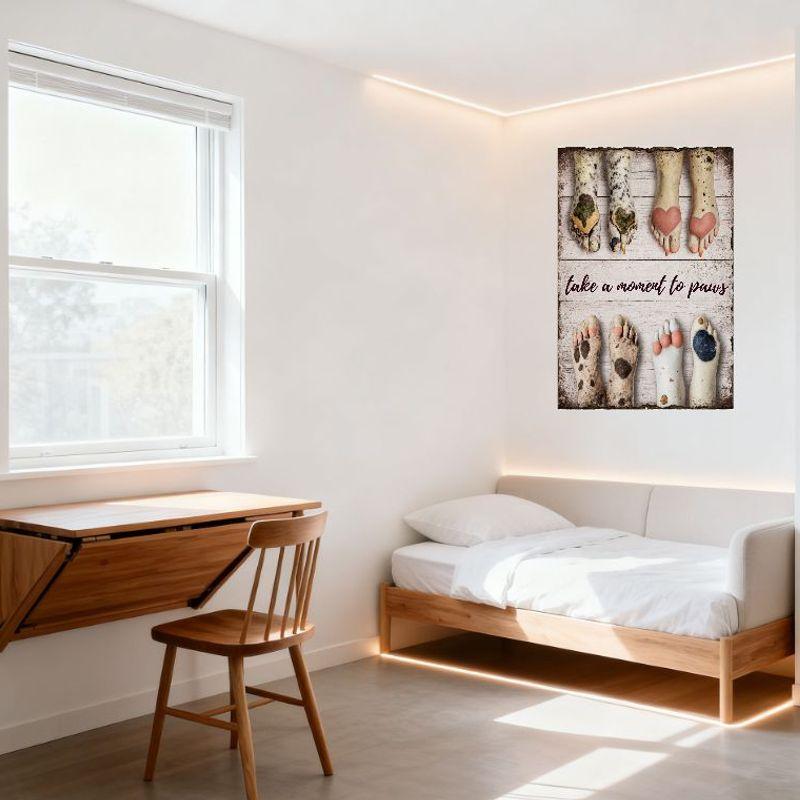 Take a Moment To Paws Whimsical Animal Paws Wooden Planked Background Metal Tin Sign for Home Office Wall Decor, Stylized Anthro