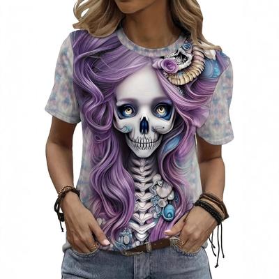 Novelty Punk Skull Portrait Print Round Neck T-shirt Halloween Women's Short Sleeved Top T-Shirts Women’s