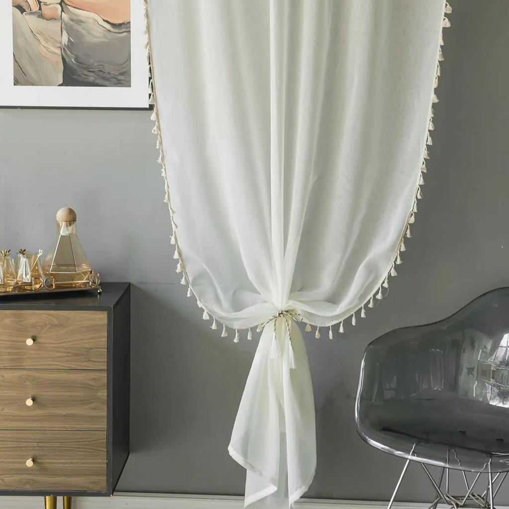 Beige Sheer Curtains White Korean Simple Mesh Veil for Living Room, Bedroom