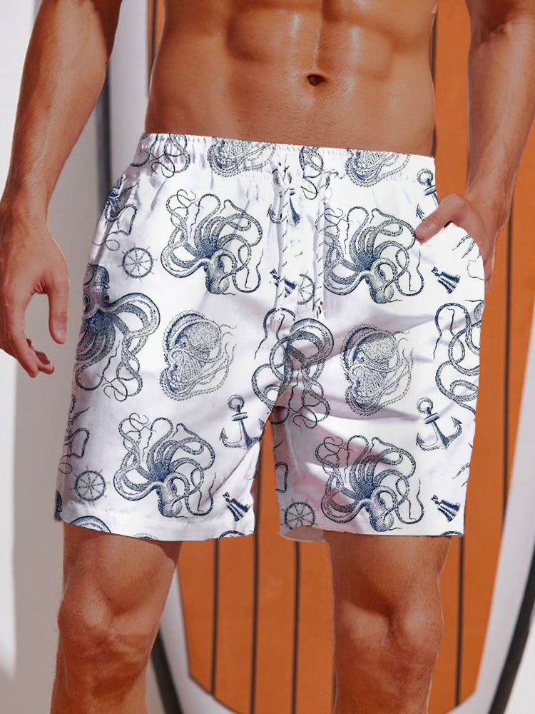 2024 Summer 3D Printed Hawaiian Vacation Style Printing Shorts Men's Board Shorts Casual Swim Trunks Drawstring Breathable Short