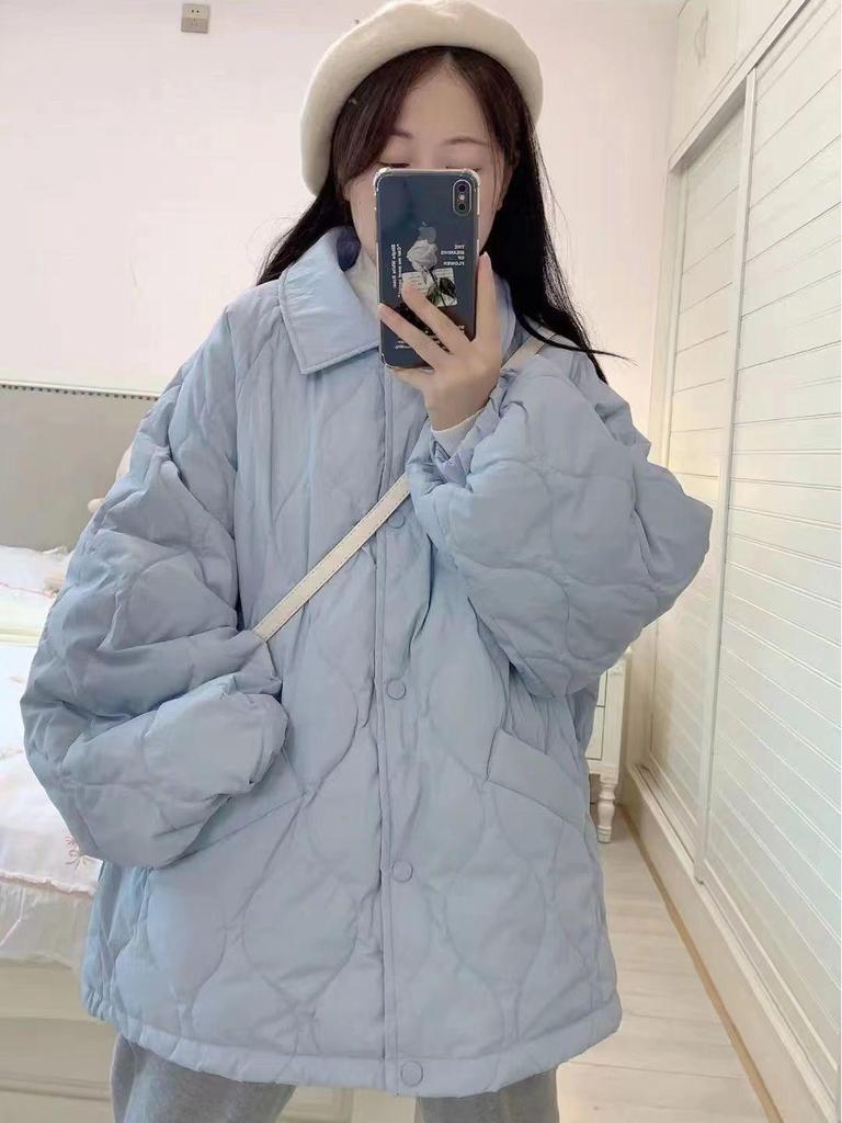 Japanese Student Women's Retro Blue POLO Collar Warm Cotton Workwear Jacket