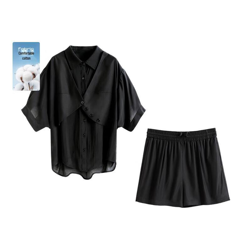 Women s Faux Two-Piece Shirt and Shorts Set S