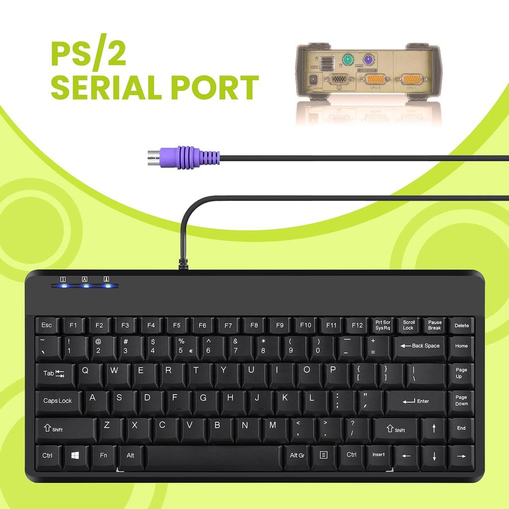 Perixx PERIBOARD-409P Wired PS2 Mini Keyboard with PS2 Connection, Piano Black, 1.8m Cable, Tenkeyless, Dimensions: 315x147x20mm [Official Warranty]
