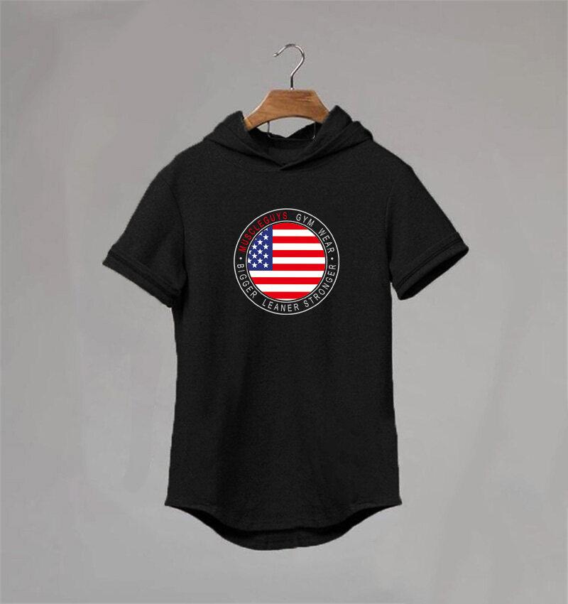 Muscleguys New Summer Bodybuilding T-shirt Hooded Men Gyms Sweatshirts Short Sleeve Tshirt Cotton Sportwear Fitness Muscle Tee Shirt