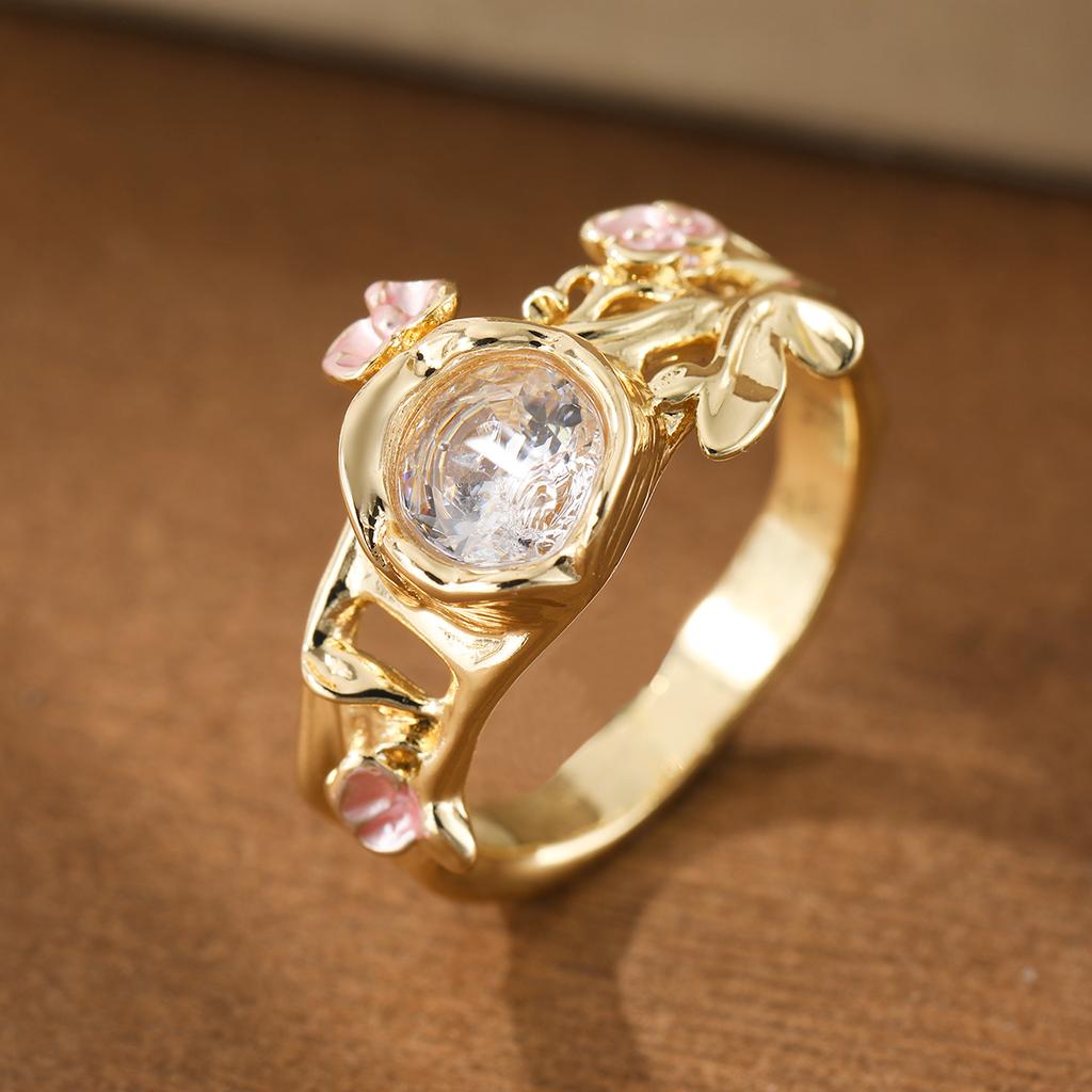 Elegant Flower-shaped Branch-shaped Artificial Gemstone Ring Made of Copper, a Ladies' Jewelry Ring Suitable for Formal Events.