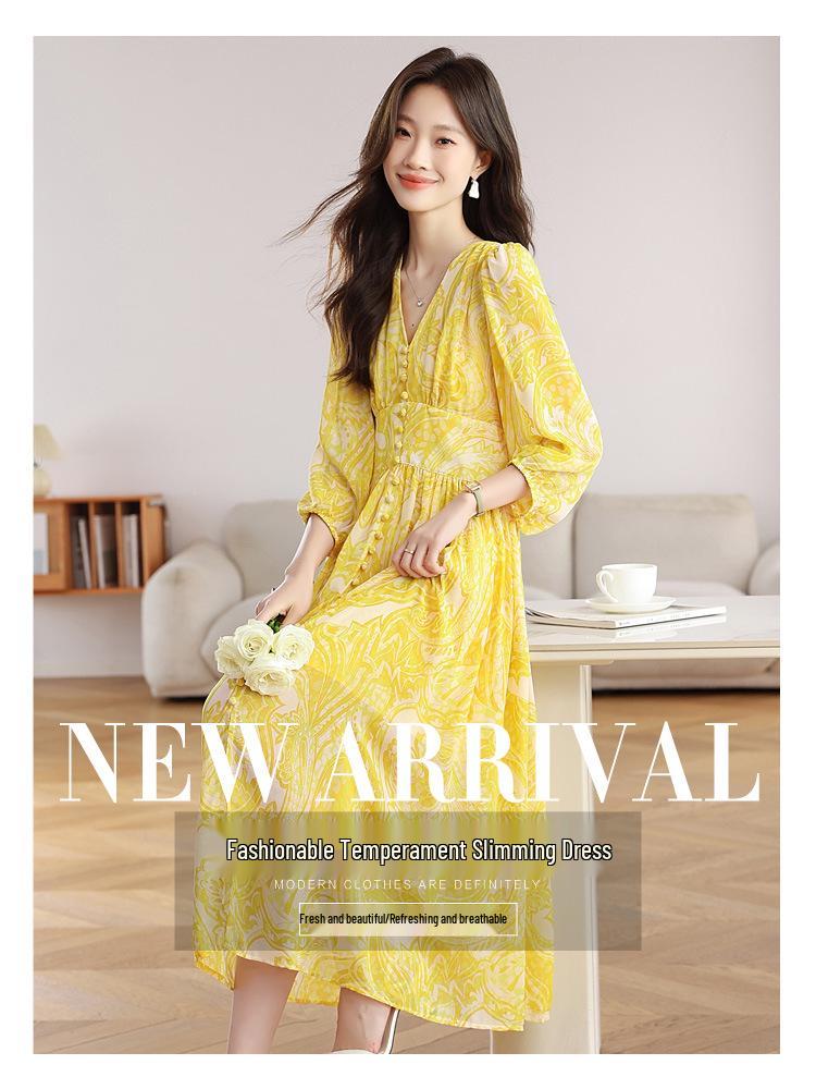 V-Neck Yellow Floral Tencel Chiffon Dress for Beach Vacation
