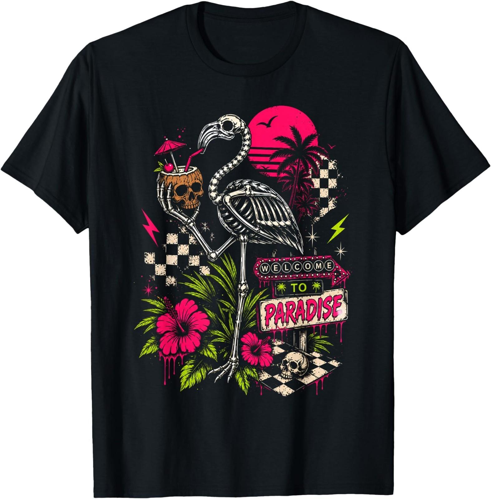 Welcome to Paradise Goth Summer Skeleton Flamingo Sunset T-Shirt S