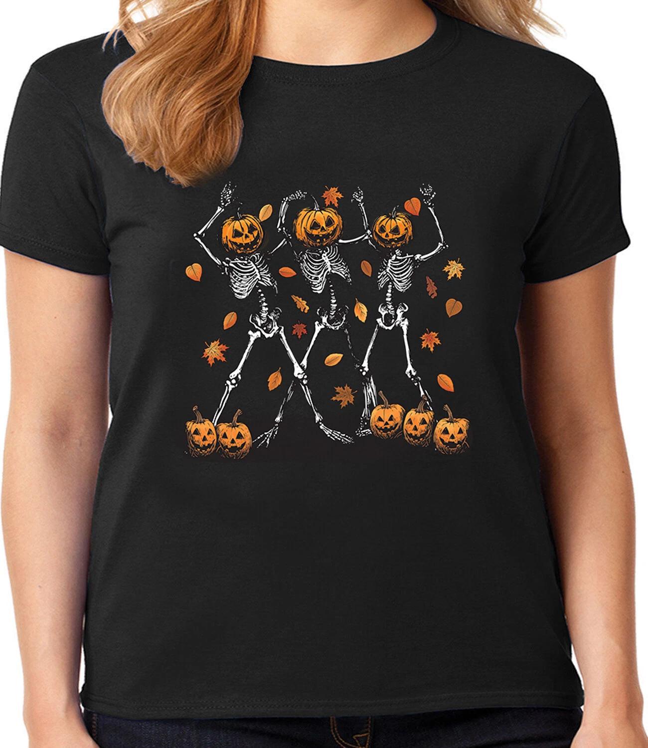 Halloween Costume T-shirt Women Dancing Skeleton Ladies Tee Shirt Pumpkin Head S