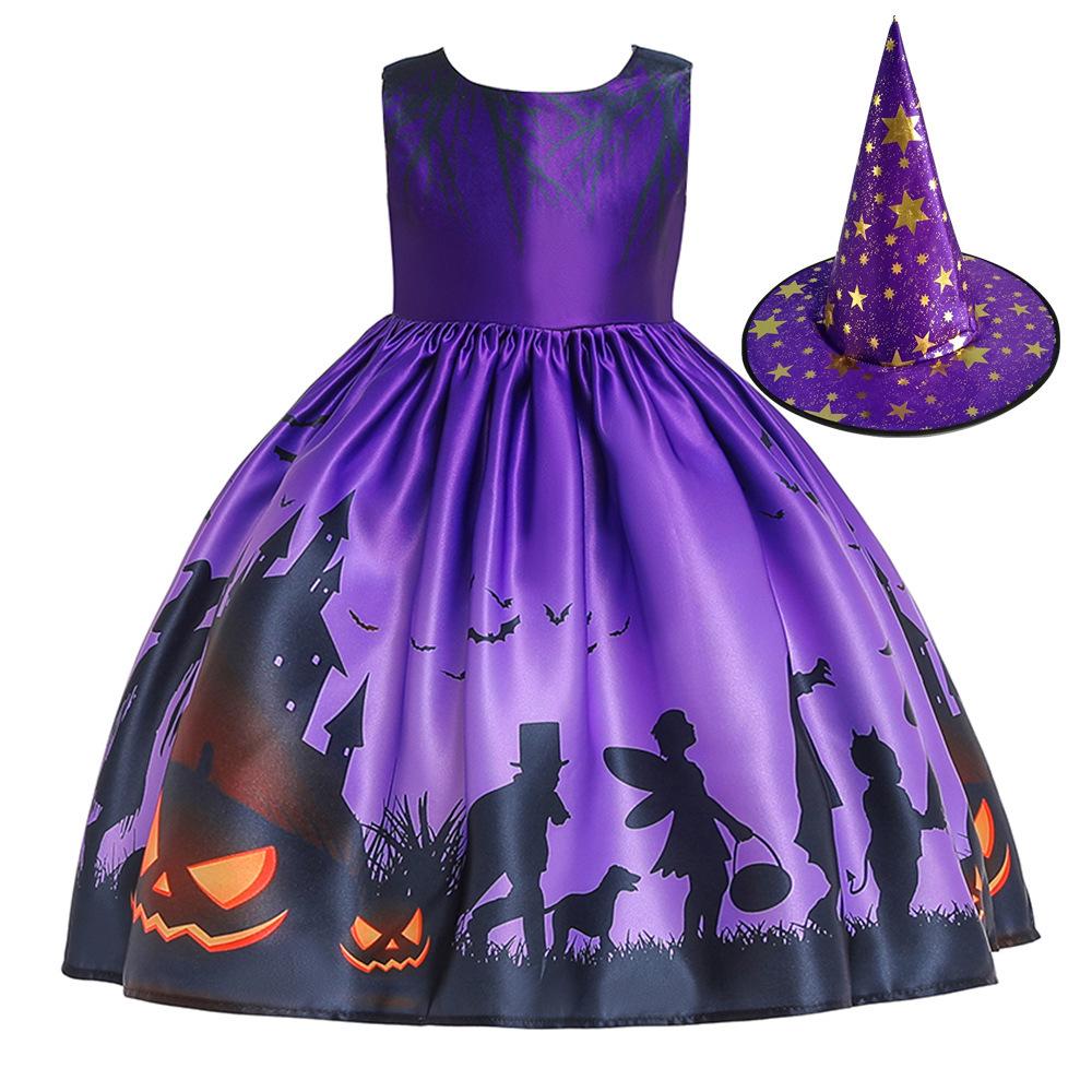 Kids' Halloween Witch Cosplay Cartoon Print Dress