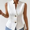 Women's Elegant V-Neck Sleeveless Blazer Vest Solid White Textured Button-Down Slim Fit Waistcoat Top