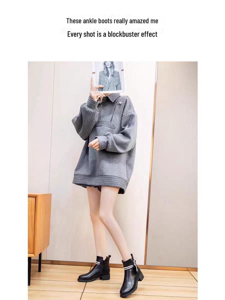 Damen Stiefeletten mit Blockabsatz - Weiches Leder im koreanischen Stil, Herbst/Winter 2025 Kollektion, Vielseitig und Figurformend für Kleider.