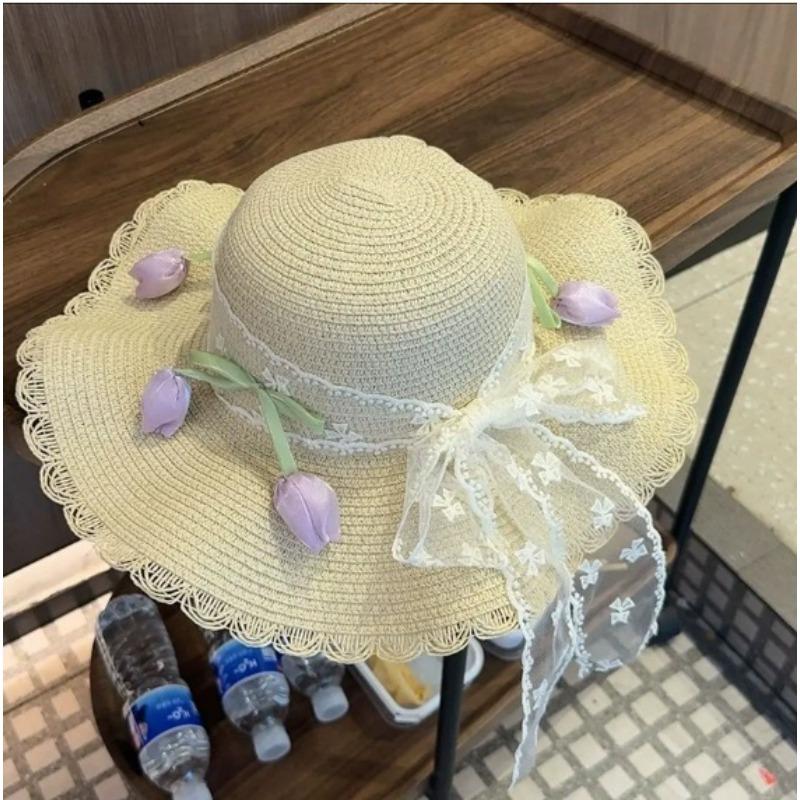 Big Brim Sun Hat Seaside Beach Idyllic Forest Bow Streamer Straw Hat Female Summer Flower Tulip