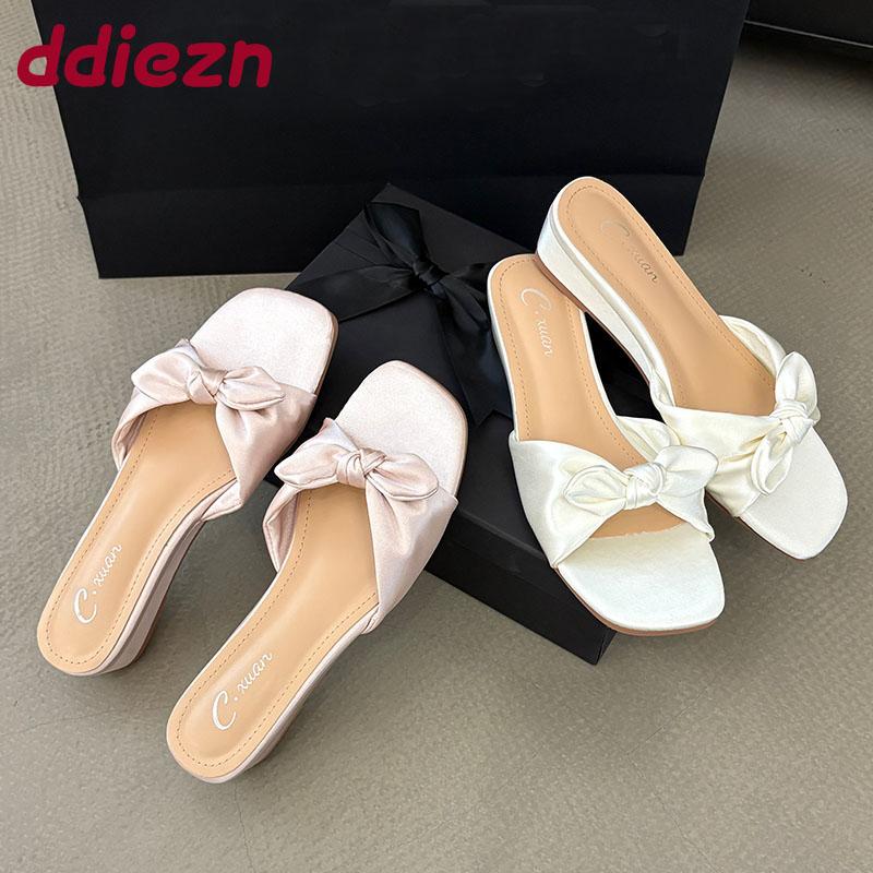 Fashion Female Wedges Footwear Women Low Heel Slippers Shoes Fashion Butterfly-Knot Elegant Ladies Heeled Slippers Sandals Shoes Pumps