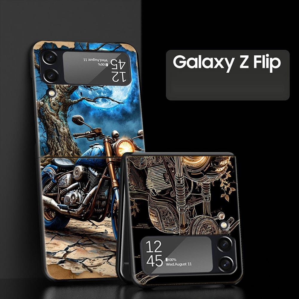 Colors Vintage Motorcycle Painted Hard PC Phone Case For Samsung Galaxy Z Flip 7 6 5 4 Black Cover For Galaxy Z Flip 3 Foldable