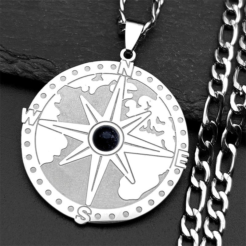 Trendiger Tigerauge Stein Kompass Erde Anhänger Halskette für Damen Herren Edelstahl Segeln Urlaubs Kette Halsketten Schmuck Geschenk