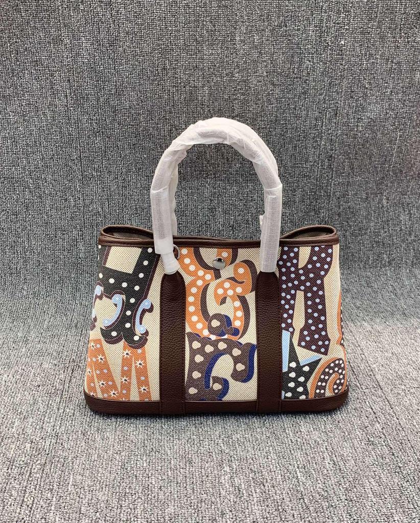 Doodle Garden Hand-Painted Cowhide & Linen Patchwork Women's Bag - Handbag, Shoulder, Crossbody, 2025.