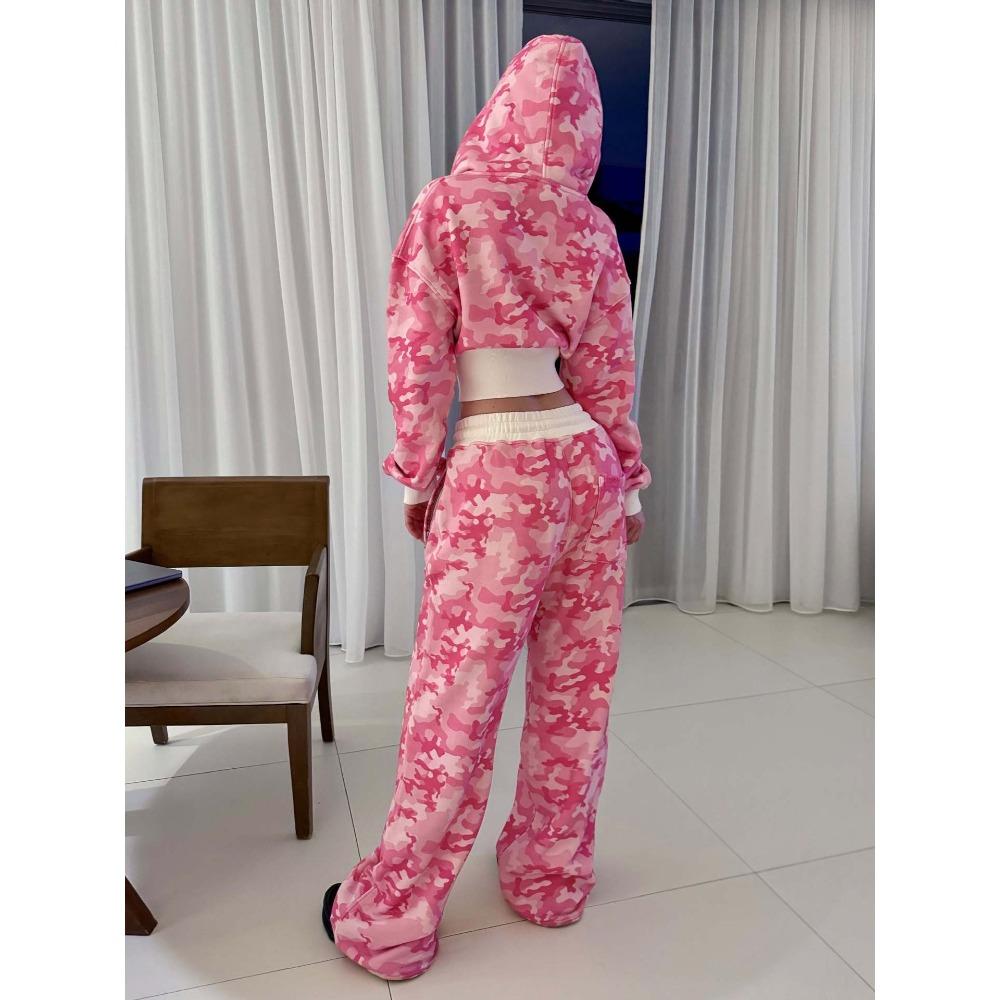 Y2K Pink Camouflage Sportswear Two Piece Set Women Hip-hop Rock Waist Exposed Slim Zipper Hoodie New Punk Casual Sports Pants