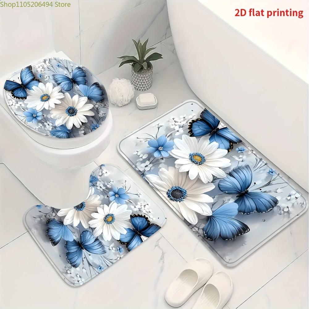 1/3/4pcs, Fashionable and Simple Blue Butterfly and White Flower Bathroom Set - 2D FLAT Shower Curtain, Bath Mat, Toilet Lid C