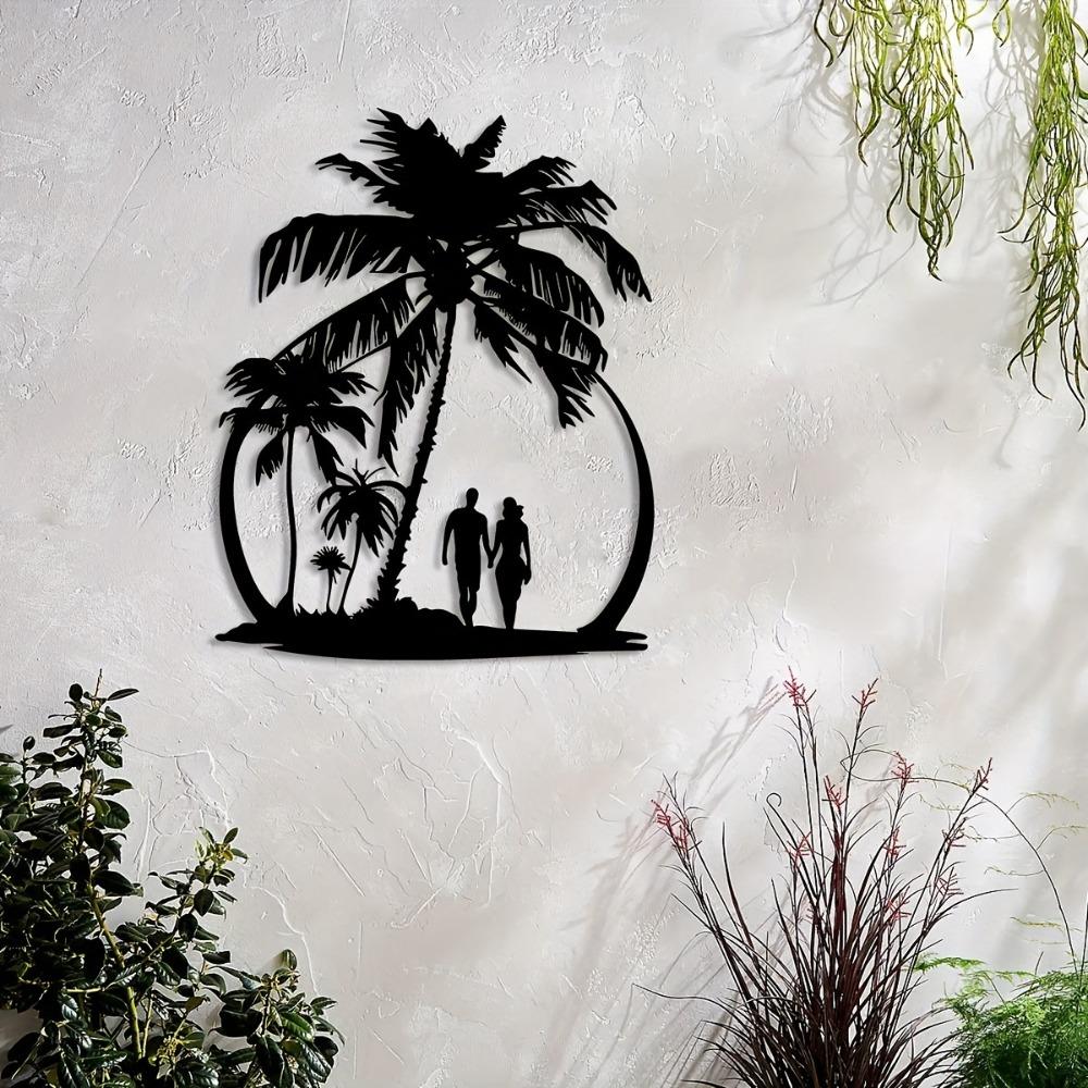 Palm Tree Beach Couple Laser Cut Metal Wall Art, 12.5x15.7 Inch Iron Hanging for Living Room Bedroom Home Decor, Tropical Farmhouse Ornament
