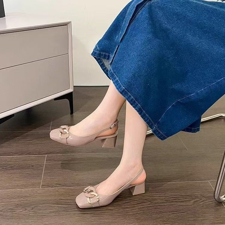 French temperament nude high heels women's 2025 new summer skirt with bag head sandals thick heel fairy single shoes