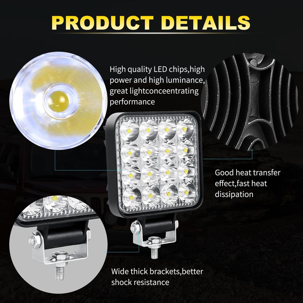 RIGIDON 2pcs 3.3" Square 48W Work Light LED Bar Light Car LED Narrow Angle Spotlight LED 6000K Waterproof Dustproof Universal for 12V/24V