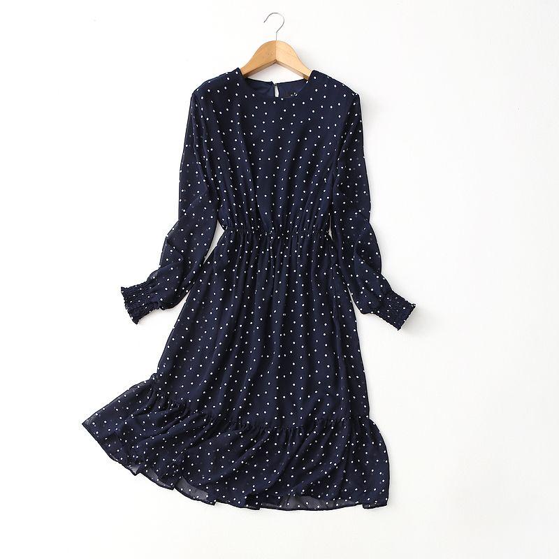 

Xiaoyao s Foreign Trade Original Order Waist-Tight Slim Looking Mid Length Long Length Elegance Print Long Sleeves Ruffles Chiffon Dress Dark Blue Dot Euro-M