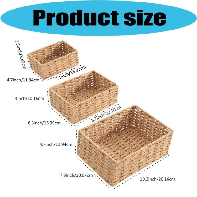 Pack of 3 Small Natural Grass Hand Crafted Storage Baskets for Organization Decorative Addition for Any Room