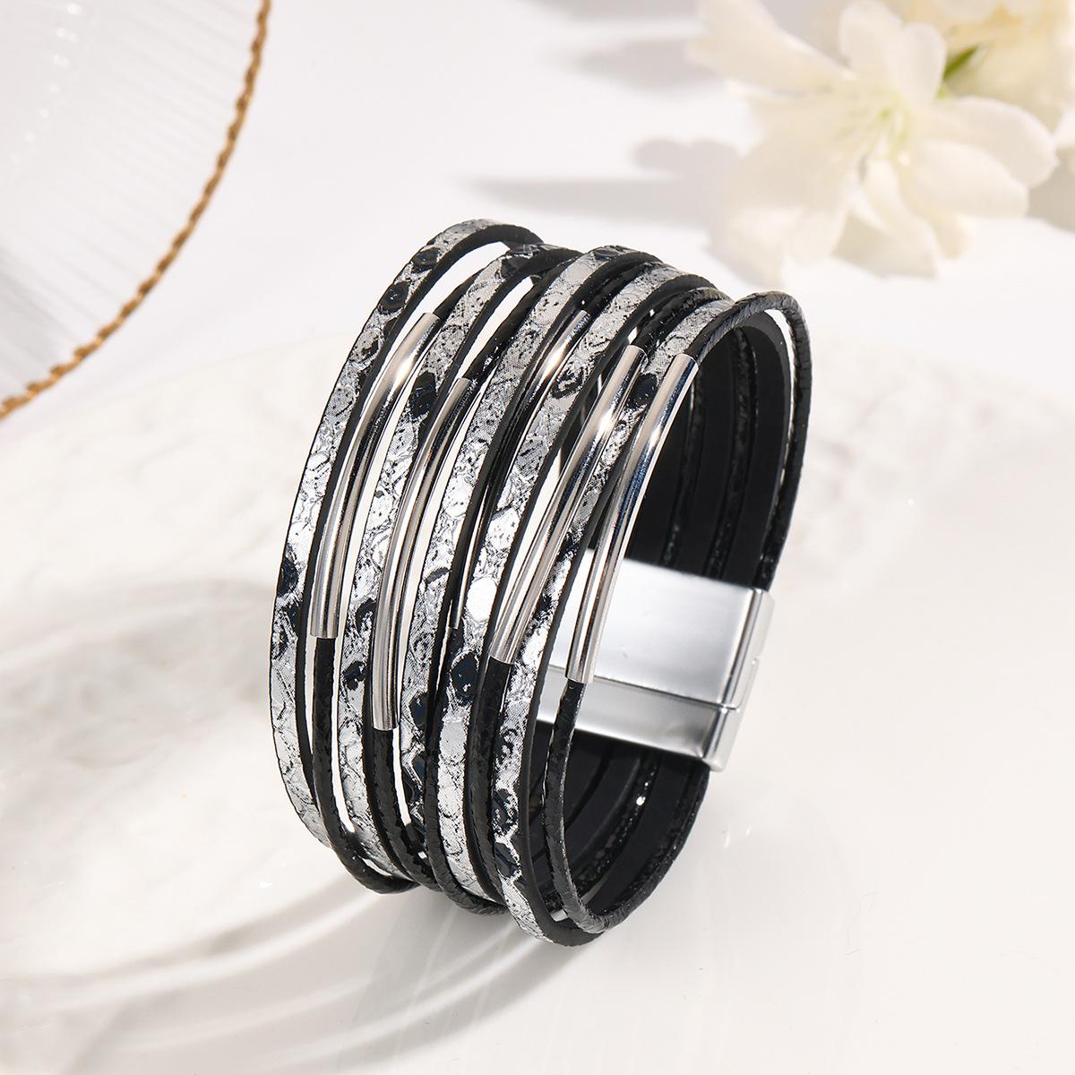 Богемный многослойный кожаный браслет для женщин, простые браслеты-обертывания, праздничные украшения, подарки чёрный