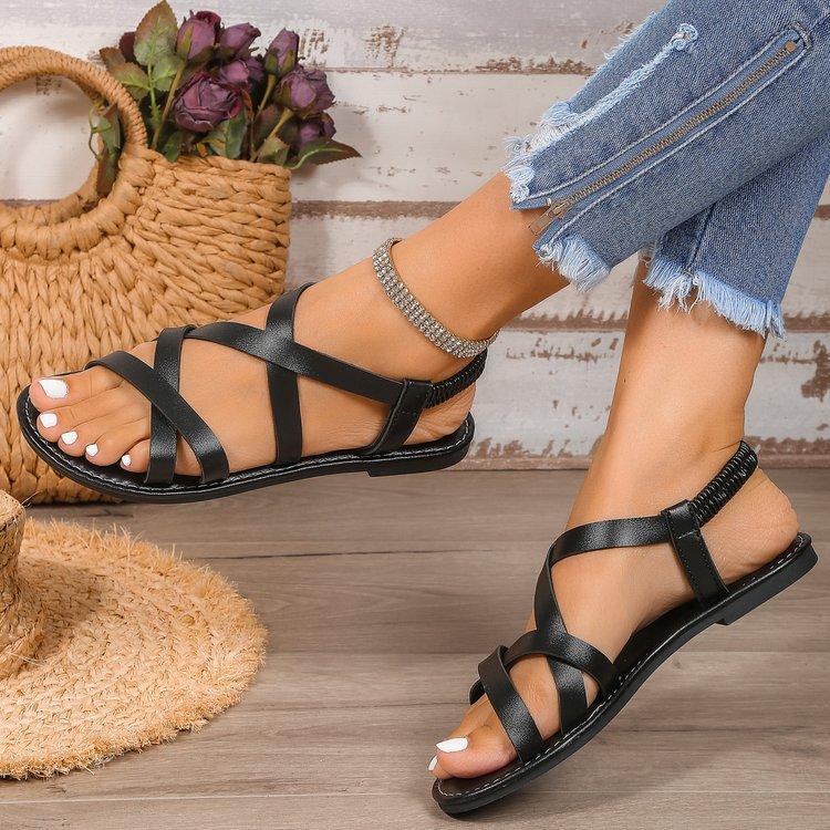 Women's Casual Flat-bottomed Round Toe Open-toe One-line Buckle Sandals